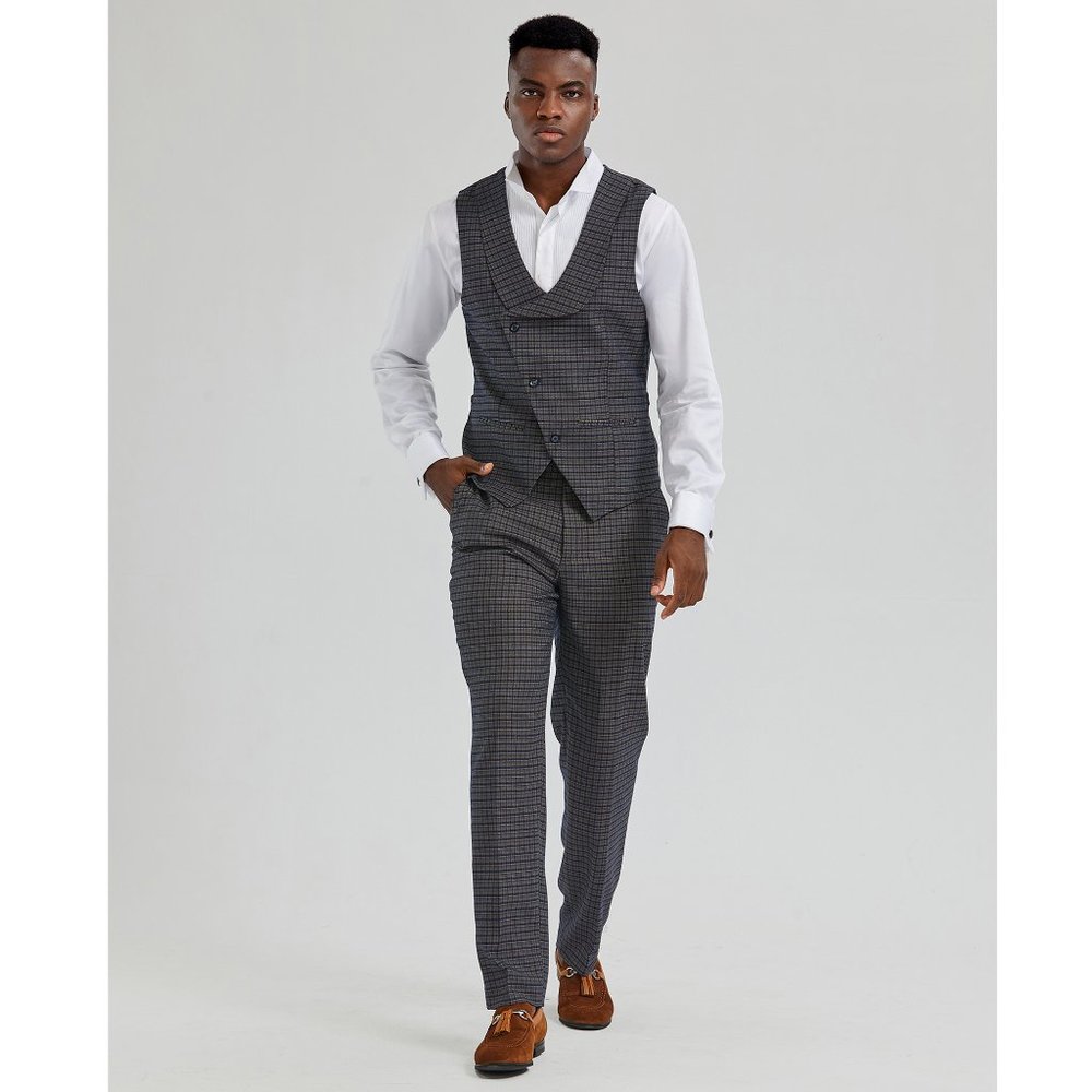 Bespoke Tazio Men's Vest 2pc Set, Tattersall Navy - Picture 2 of 8